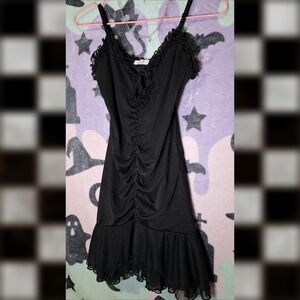 Black Ruched Mini Dress 🖤 Ruffle Trim Soft Goth Coquette Fairy XS - NWOT